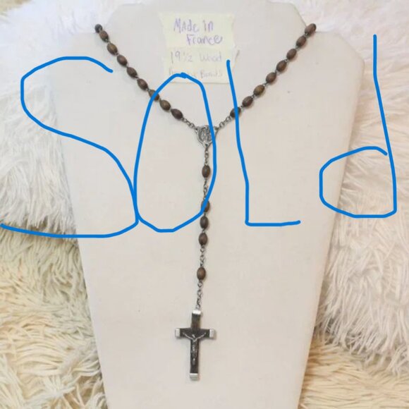 SOLD Brown Wooden French Rosary Prayer Beads with Silver Metal Stamped FRANCE - Picture 1 of 8